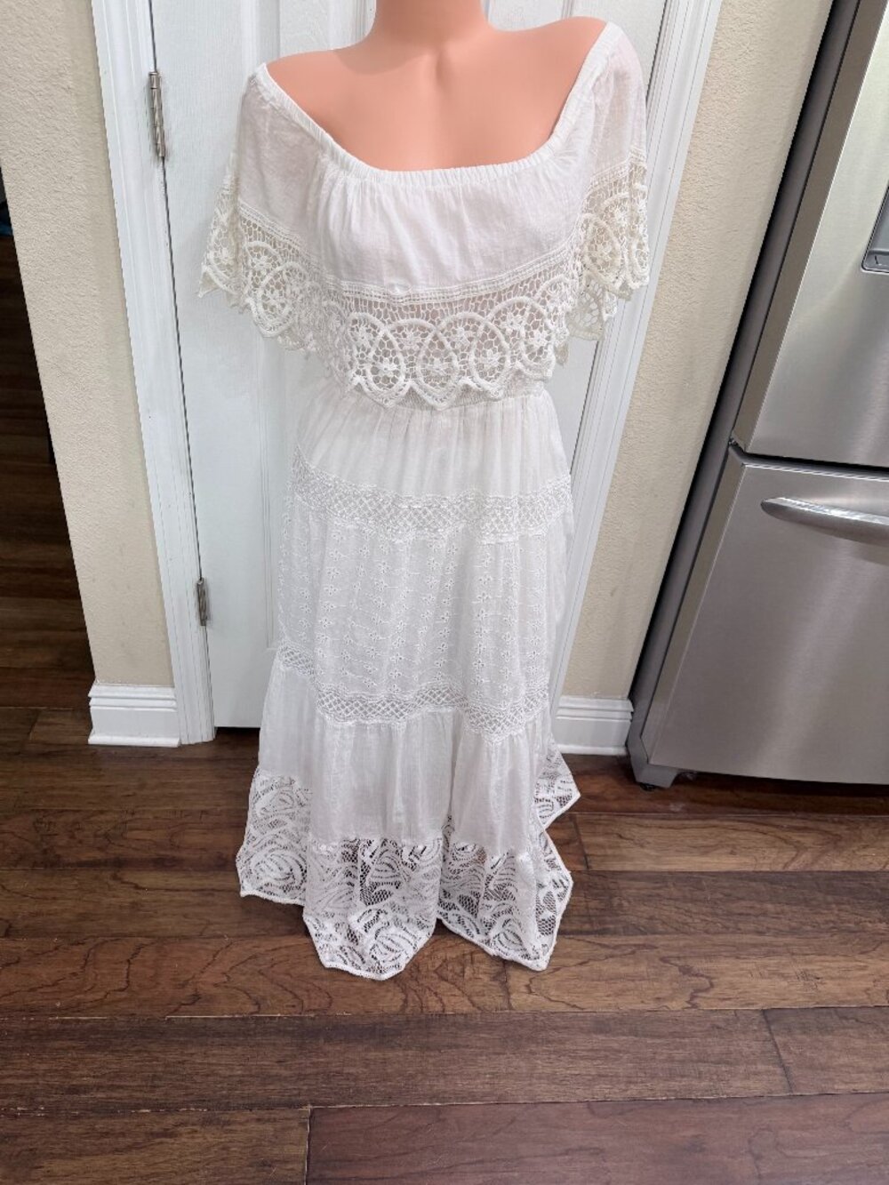 Zury Free Size White Cotton Lace Eyelet Boho Maxi Dress Off Shoulder